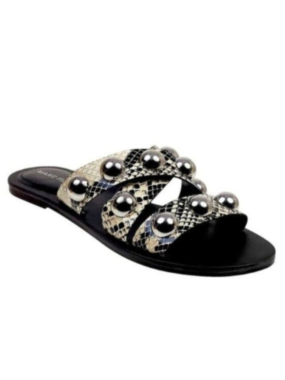 NEW Marc Fisher Beige & Black Snakeskin Studded Flat Slide Sandals 8.5M